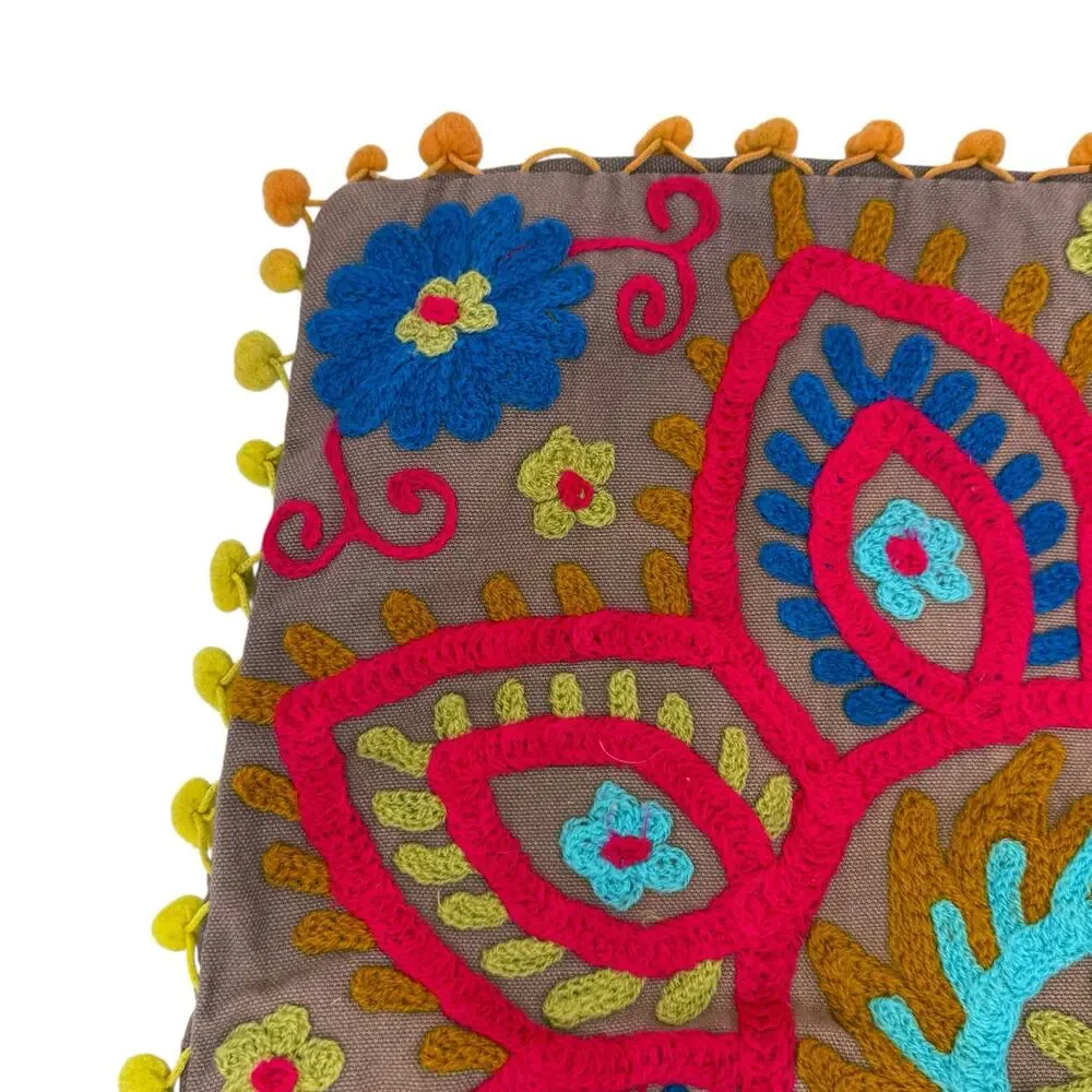 Hand Embroidered‎ Decorative Square Pillow Cover Bohemian Boho Style 15 x 16 in